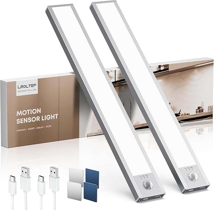 Luce LED Sottopensile Cucina 6500K 21CM Sensore di Movimento per Luci 1500mAh 32 LED Luce Armadio Lampada Dimmerabile per Cucina Scale Soggiorno Bagno Camere da Letto | 2 Pezzi Argento