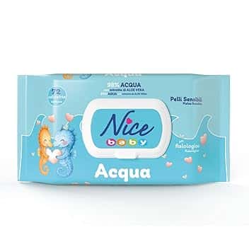 Nice Baby Acqua Salviette per Cambio Pannolino, con il 98% di Acqua ed Estratto di Aloe, Dermatologicamente Testate, Confezione da 72 Salviette