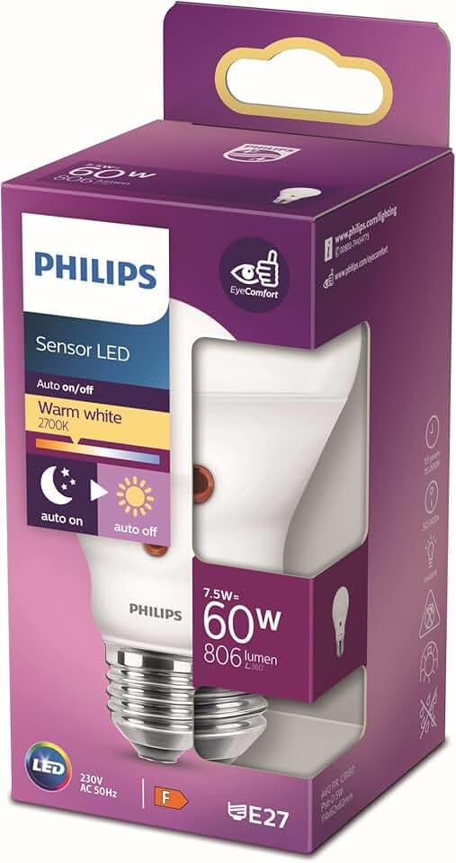 Philips LED Lampadina Goccia con Sensore Crepuscolare 60W E27, Luce Bianca Calda