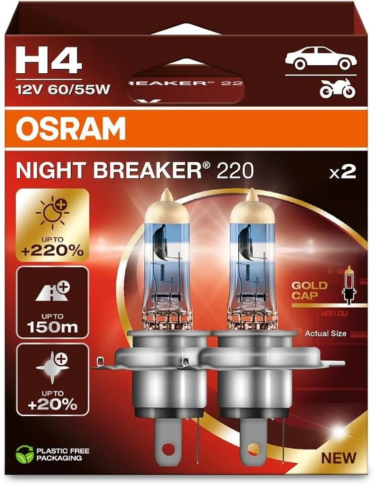 OSRAM NIGHT BREAKER 220, H4, +220% di luminosità in più, lampada faro alogena, 64193NB220-2HB, scatola pieghevole (2 lampade)
