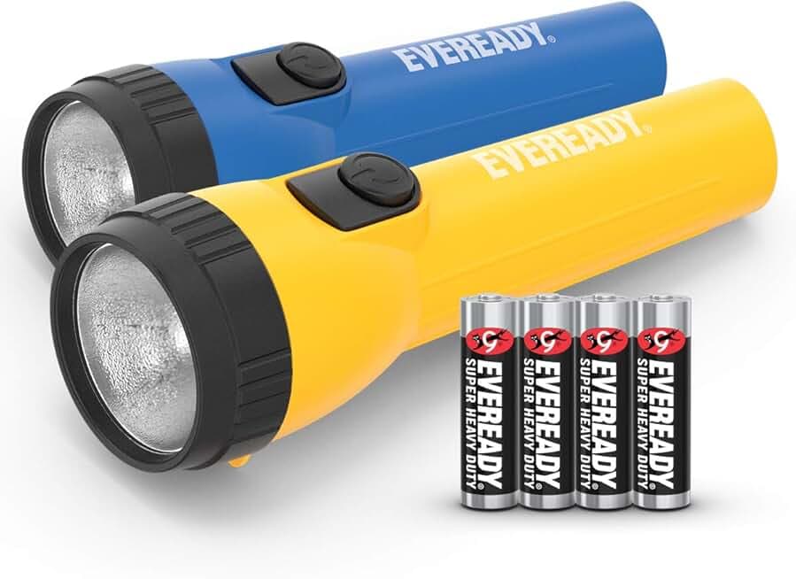 Energizer Eveready Torcia LED Confezione 2, Super Luminosa Flashlight, Resistente Acqua, Perfetto Campeggio Outdoor Emergenza Confezione 2, 4 Batterie AA Blu/Giallo