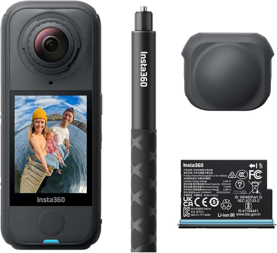 Insta360 X4 Air Pack Starter Nero grafite- Videocamera leggera 165g 8K 360, selfie stick invisibile, lenti sostituibili, prima registri poi inquadri, cover antivento integrata.
