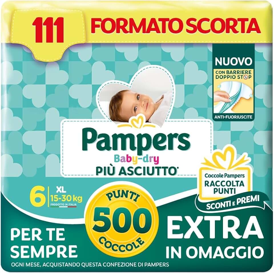 Pampers Baby Dry XL, Taglia 6 (15-30 kg), Formato Scorta, Barriere Anti-Fuoriuscite, Più Asciutto Fino a 12h, Linguette Rinforzate e Avvolgenti, 111 Pannolini Bambino + 500 Punti Omaggio