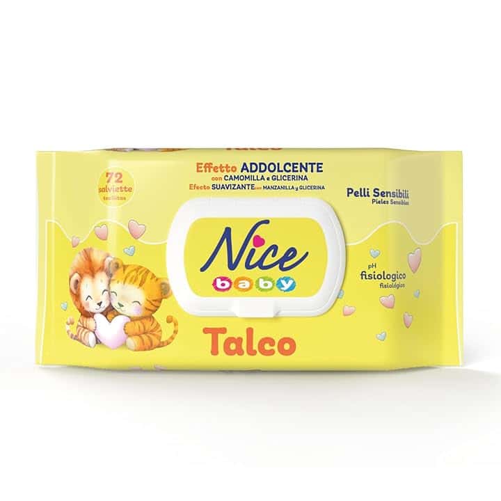 Nice Baby Talco Salviette per Cambio Pannolino, con Camomilla e Glicerina ad Effetto Addolcente sulla Pelle, Dermatologicamente Testate, Confezione da 72 Salviette,L'imballaggio può variare