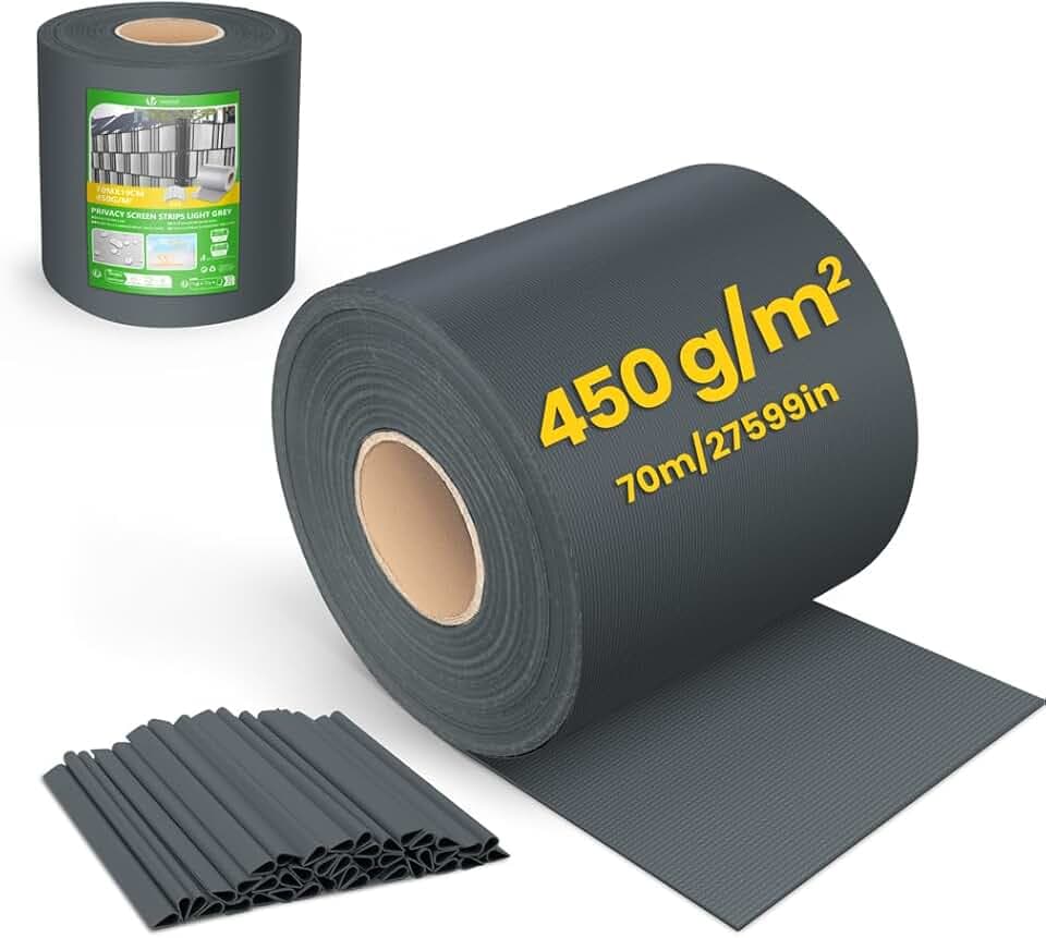 VOUNOT® Telo Frangivista in PVC per Recinzione Giardino, 19cm x 70m, 450 g/m², Strisce per Protezione della Privacy, Rotolo Frangivista con Clips di Fissaggio, Antracite