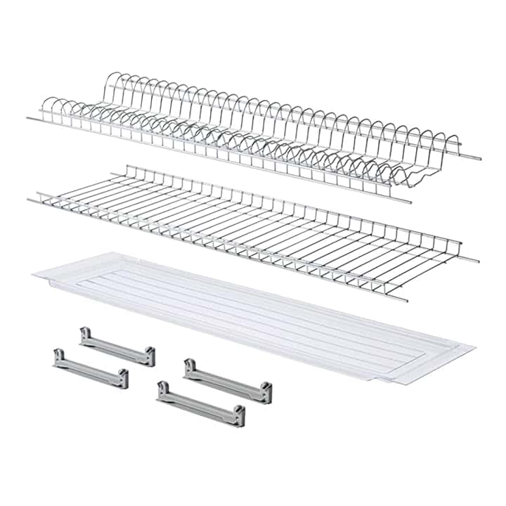 MAKKIORI Kit Scolapiatti | Griglia piatti e bicchieri con Vaschetta Raccogligoccie per Pensili Cucina | Acciaio cromo | Kit con Staffe (86 cm per pensile 90)