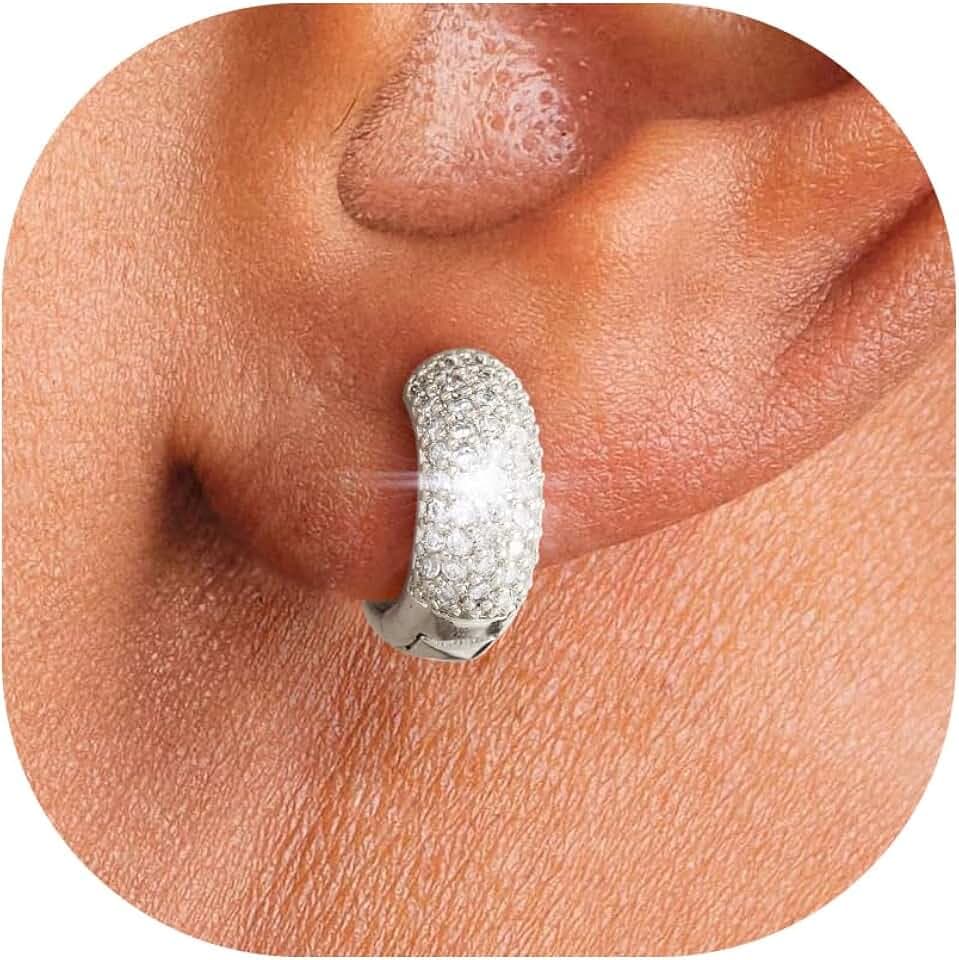 HANLI Orecchini Uomo Cerchio Diamante Argento 925 / Oro Placcato 14K e Zirconi Cubici Anallergici Leggeri Trendy Gioielli di Moda per le Uomo