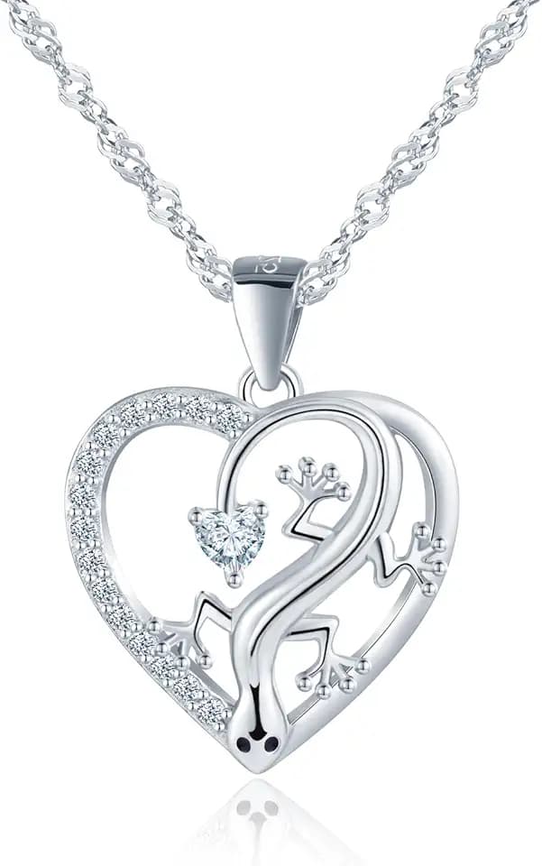 VIKILEE Collana con Ciondolo Geco di Zirconia Cuore,Collana Argento 925 Donna e Ragazze,Argento/Oro/Oro Rosa Collane Lucertola di Animali D'amore,Gioielli Carini per Figlia Mamma Moglie Fidanzata