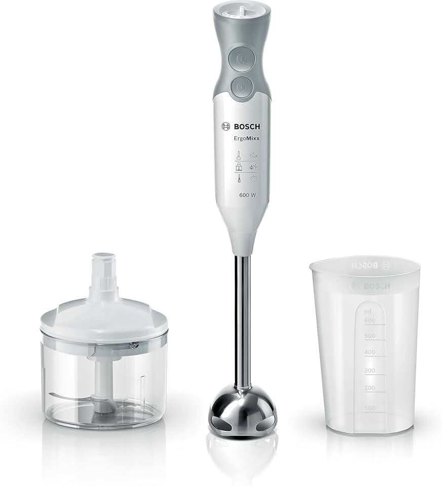Bosch Frullatore a Immersione MSM66120, 600W, Impugnatura Ergonomica, Piede in Acciaio Inox, Lama a 4 ali Acciaio Inox, Velocità Variabile, Accessorio Tritatutto Incluso, Bicchiere Graduato, Bianco