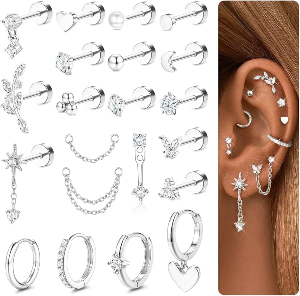CASSIECA 21Pcs Orecchini Donna Acciaio Chirurgico Piercing Orecchio Orecchini Anallergici Donna Piercing Helix Trago Ipoallergenica Multi Piercings ClimeCo Certified