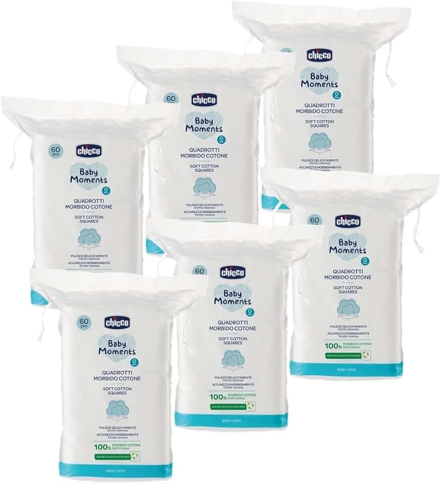 Chicco Baby Moments Quadrotti in Cotone Morbido, 360 Pezzi, 100% Cotone Puro, Multipack 6x60, Pacco scorta