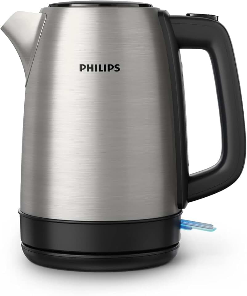 Philips Daily Collection Bollitore Elettrico in Metallo – Acciaio Inox per Uso Alimentare, Resistenza Piatta a Bollitura Rapida, Filtro Anticalcare, Coperchio a Molla, 1,7L, Spia Luminosa (HD9350/90)