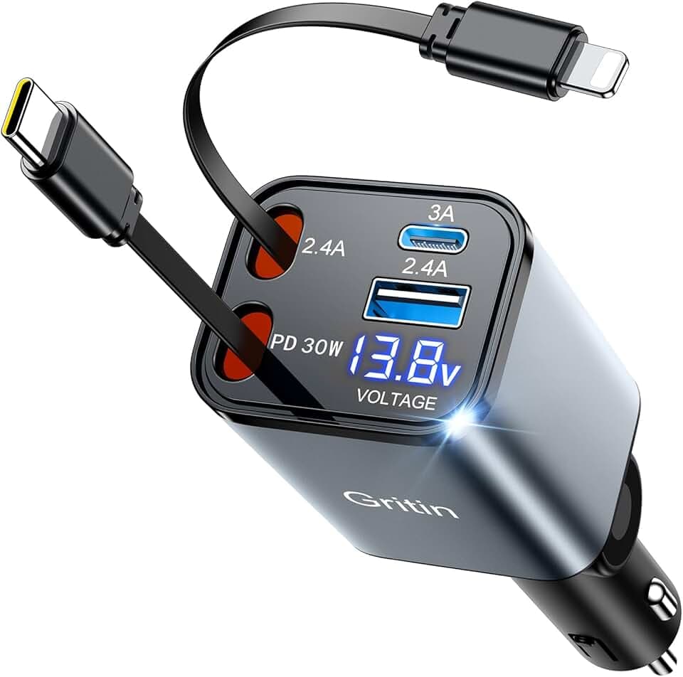 Gritin 69W Caricabatteria Caricatore da Auto 4 in 1 Retrattile, PD 3.0 USB C Accendisigari Ricarica Rapida, Display LED, Accessori Auto Campeggio Viaggio Compatibile con iPhone 17 Pro Max/16/15/14