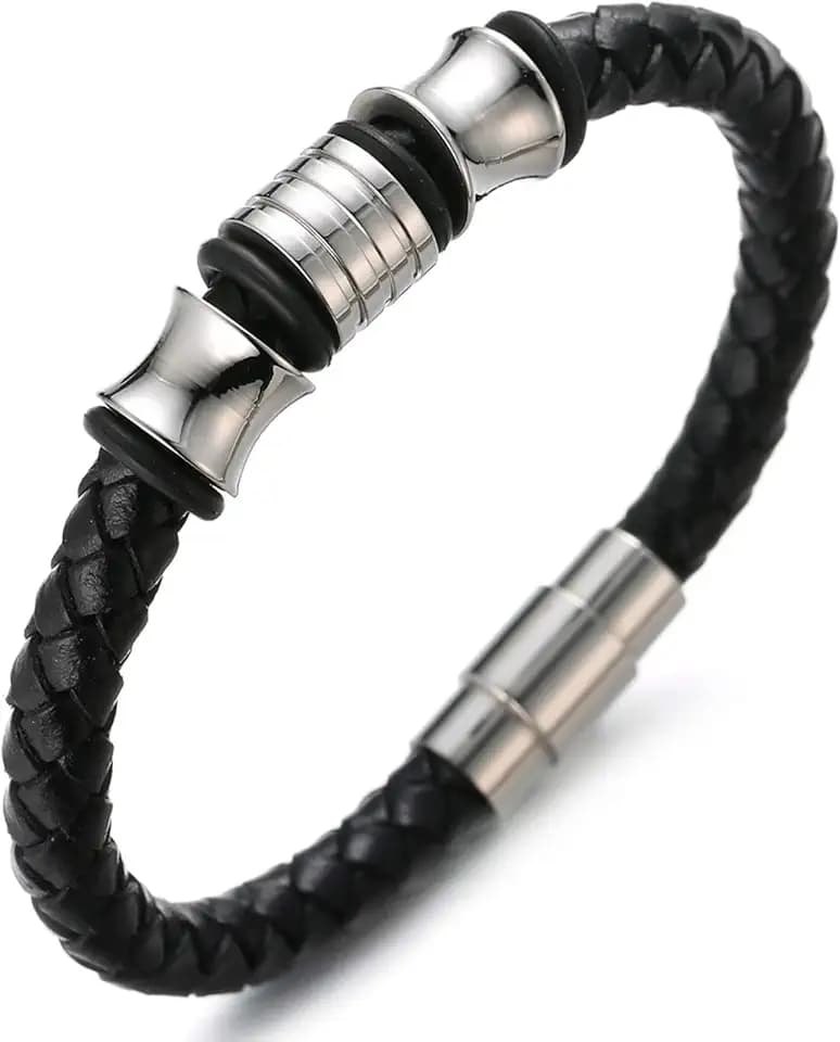 HALUKAKAH Bambini ● Solo Onore Junior ● Bracciale Ragazzo Maschio in Vera Pelle Cuoio Nero 6-12 Anni Perle in Oro Argento Titanio Acciaio Chiusura Magnetica 7"(18cm) con Pacco Regalo Gratuita