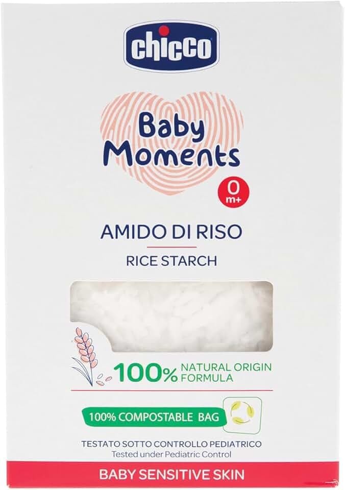Chicco Baby Moments Amido di Riso, Lenitivo e Rinfrescante, Pulizia Gentile Senza Irritare o Asciugare La Pelle, Azione Emolliente, Bagnetto Neonato, Talco, 250 Gr, 0 Mesi+