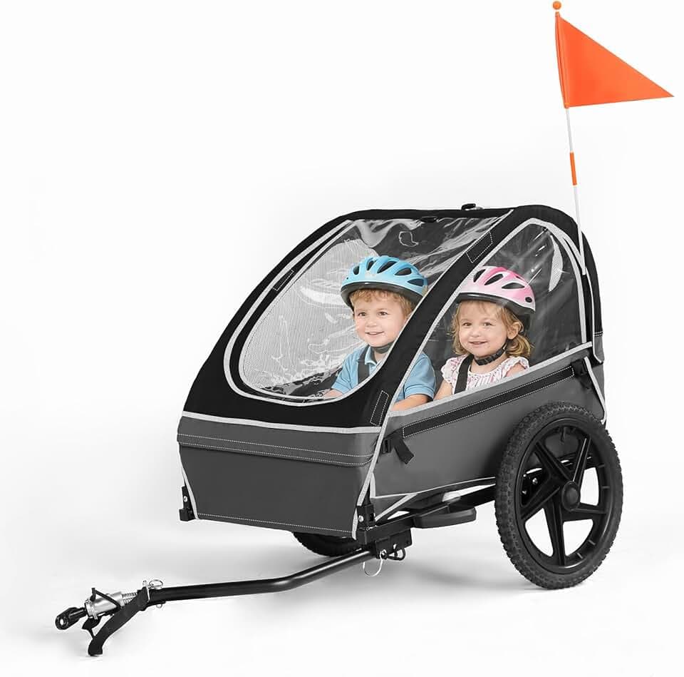 Rimorchio per bicicletta pieghevole 2 in 1 con sospensione per bambini 1-2 bambini, passeggino con grande spazio di archiviazione, funzione jogger, catarifrangenti