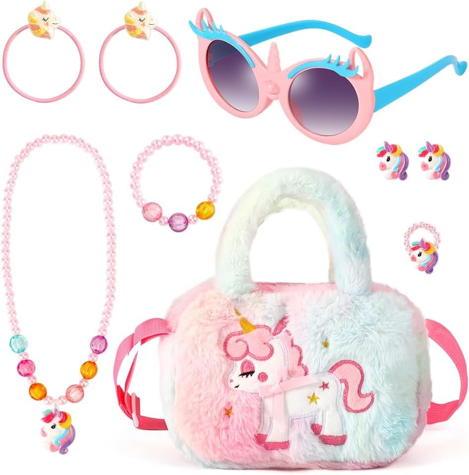 BTHRORO BTHRORO Unicorno Peluche Borsetta Gioielli Set per Bambini, Unicorn Occhiali da Sole Borsa Collana Bracciale Anello Accessori per Capelli Principessa Vestire Gioielli Forniture per Feste