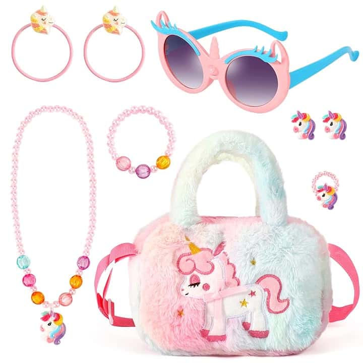 BTHRORO BTHRORO Unicorno Peluche Borsetta Gioielli Set per Bambini, Unicorn Occhiali da Sole Borsa Collana Bracciale Anello Accessori per Capelli Principessa Vestire Gioielli Forniture per Feste