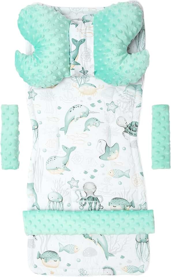Medi Partners Riduttore Passeggino Universale Materassino Copri Neonato Cuscino - 5 elementi 78x35cm Copripasseggino Estivo per Neonati Cotone Minky (Oceano di menta Minky)