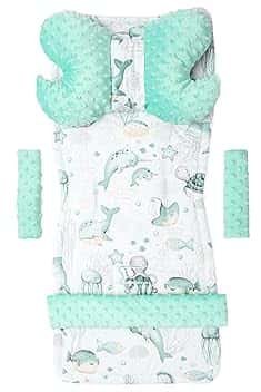 Medi Partners Riduttore Passeggino Universale Materassino Copri Neonato Cuscino - 5 elementi 78x35cm Copripasseggino Estivo per Neonati Cotone Minky (Oceano di menta Minky)