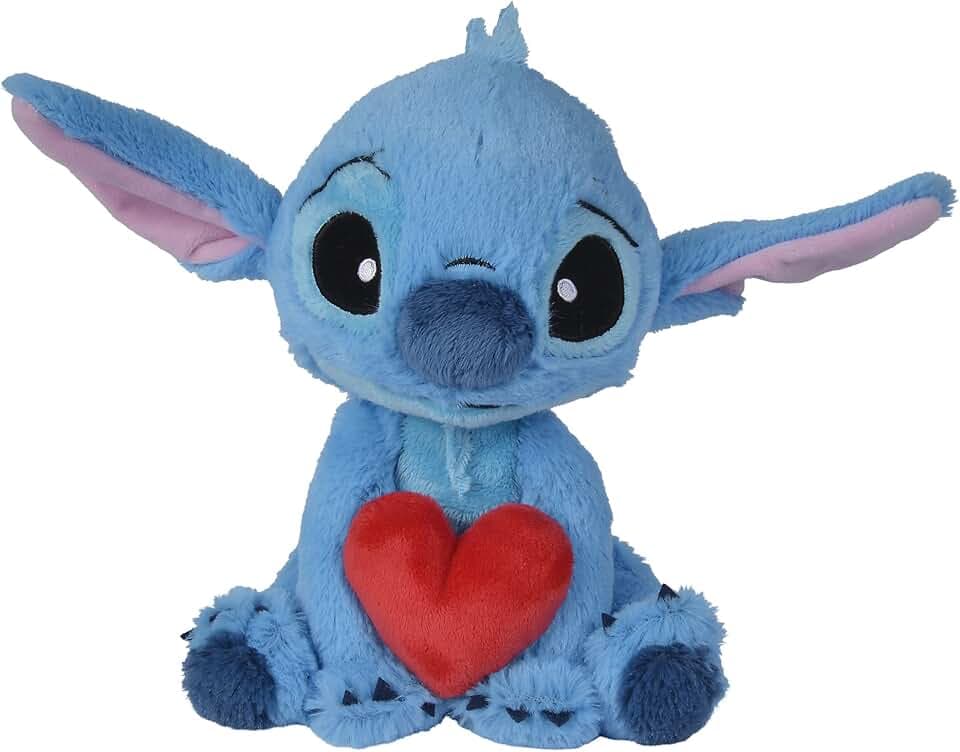 Simba - Disney Plush Originale Stitch con il cuore, 6315876995X06, +0 mesi, 25 cm, licenza ufficiale Disney, cuore rosso
