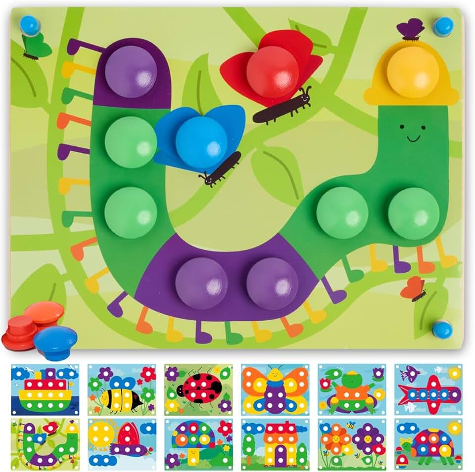 Nene Toys Gioco Chiodini, Puzzle per Bambini di 2+ Anni, Puzzle Educativo in Legno per Bambini di 2 3 Anni - Giocattoli Montessori con Chiodini Colorati e Carte Abbinate - Regalo Didattico Bimbo Bimba ClimatePartner certified The Forest Stewardship Council