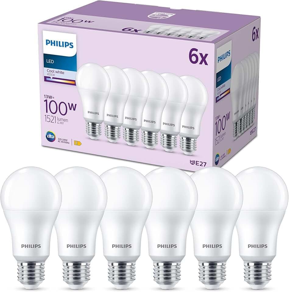 Philips LED E27, confezione da 6 lampadine, equivalente a 100 W, lampadine LED smerigliate, Plastica, Luce Bianca Naturale 4000K, LED a risparmio energetico con lunga durata