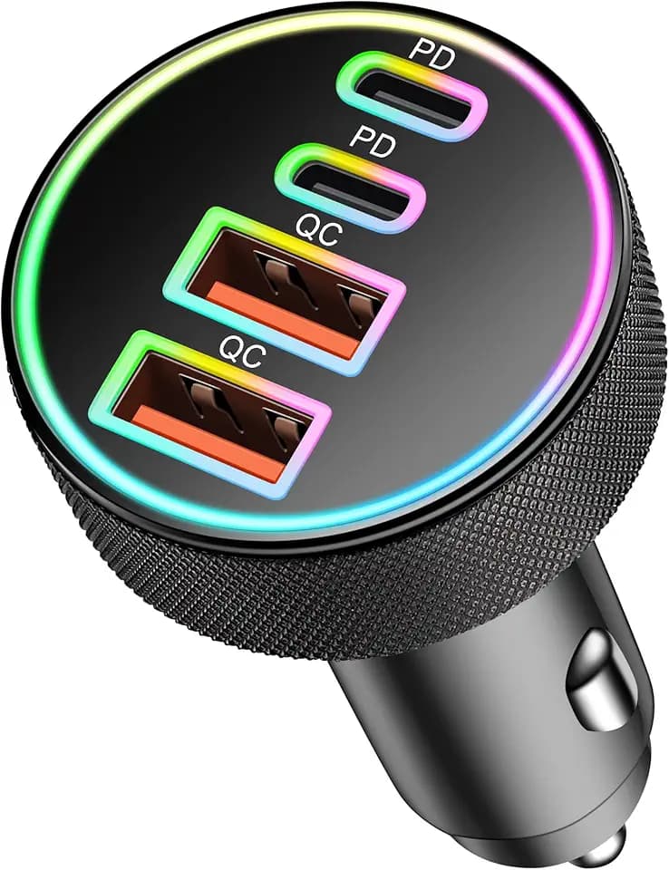 90W Caricatore Auto USB C, 4 Porte USB A & C Caricabatterie Accendisigari Presa 12V PD/QC Carica Batteria Adattatore per iPhone 17/Air/16/16e/15 Pro Max Plus, iPad, Samsung Galaxy S25/S24, Pixel 10/9