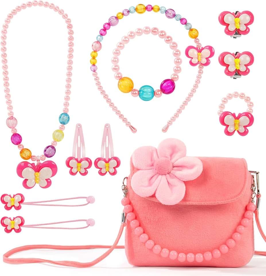 OSDUE OSDUE Girls Princess Borse, Gioielli Bambina Borsa Ragazzine, Borsa della Peluche con Collana, Peluche Borsetta Bambina con Collana Bracciale Anello e Orecchini Set,Regalo Ragazza