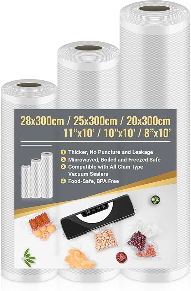 Sacchetti Sottovuoto Alimenti 3 Rotoli 20/25/28x300cm, Sacchetti Sottovuoto per Macchina Sottovuoto e Sous Vide Cucina, Buste Sottovuoto Alimenti Senza BPA