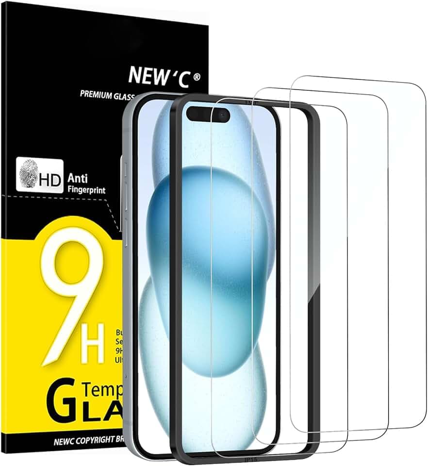 NEW'C 3 Pezzi, Vetro Temperato per iPhone 16, iPhone 15 (6,1 Pollici), Pellicola Prottetiva Anti Graffio - Ultra resistente - Trasparente HD - Strumento di installazione facile incluso Global Recycled Standard