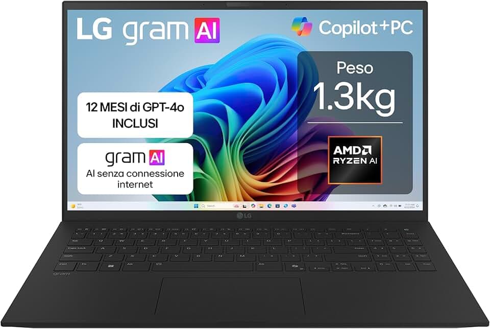 LG gram AI 15Z80T, Notebook 15.6" FHD (1920x1080), AMD Ryzen AI 7 350, 16GB RAM, 512GB SSD, Ultraleggero solo 1.3 kg, Batteria 72Wh, Windows 11 Home, Copilot, scocca in alluminio, Nero