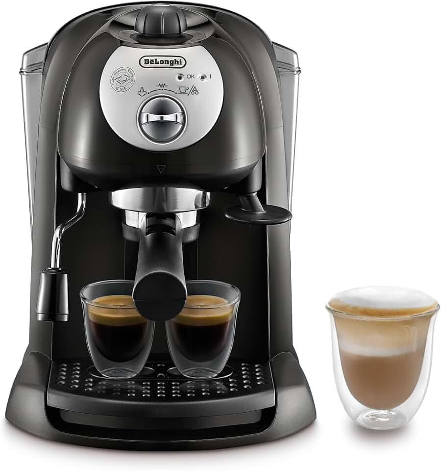 De'Longhi EC201.CD.B Macchina manuale da Caffè Espresso e Cappuccino, Caffè in Polvere o in Cialde E.S.E., Montalatte classico per Cappuccini, Serbatoio Estraibile da 1.1 L, Caldaia acciaio inox