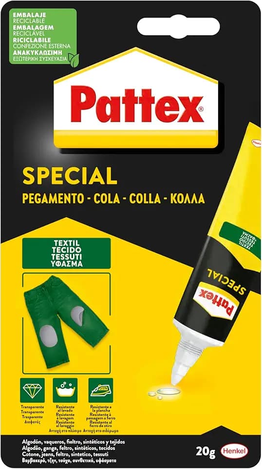 Pattex Special Tessuti Adesivo, Colla lavabile e stirabile ad asciugatura rapida, Colla tessuti ideale per cotone, jeans, lino, feltro e sintetici, 1 confezione da 20g