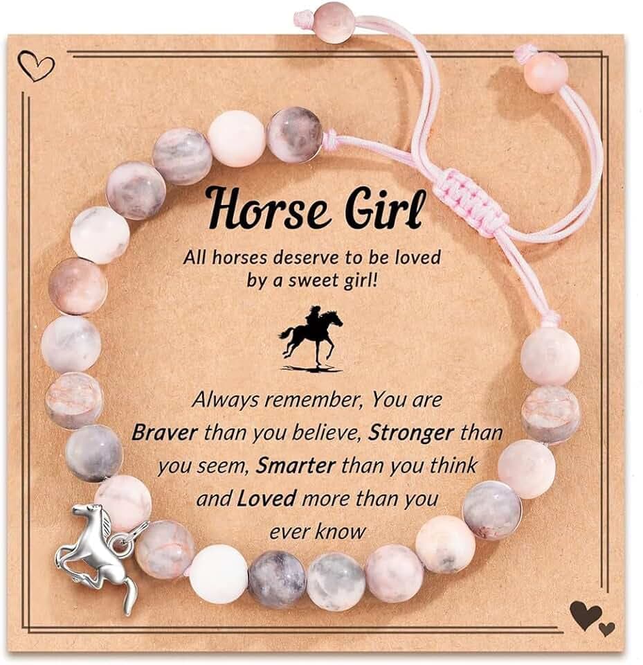 IBXWMNG Bracciale con ciondolo a forma di cavallo, Bracciale in pietra naturale rosa, un braccialetto intrecciato a mano, adatto come regalo per donne e bambini