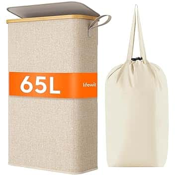 Lifewit Cesto Portabiancheria Salvaspazio, Cesta Biancheria Sporca con Coperchio, Porta Biancheria Sporca Slim per Bagno, Laundry Basket per Camera da Letto, Bagno, Lavanderia, 65 L, Beige Recycled Claim Standard 100