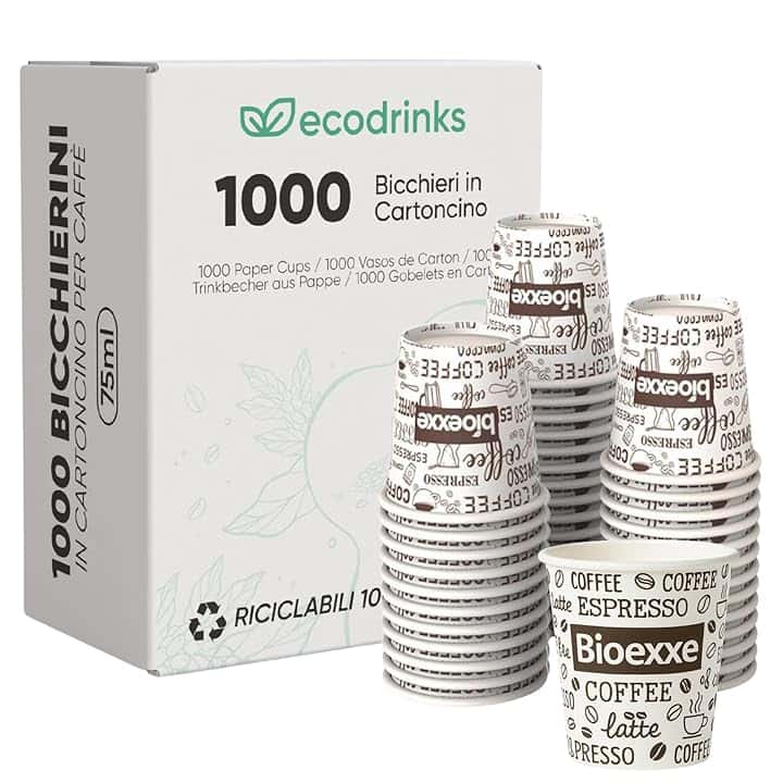 ecodrinks - 1000 Bicchieri Caffe Carta Da 75ml - Set Bicchierini Monouso per Bevande Calde/Fredde - Biodegradabili, Eco-friendly e Made in Italy, Bianco