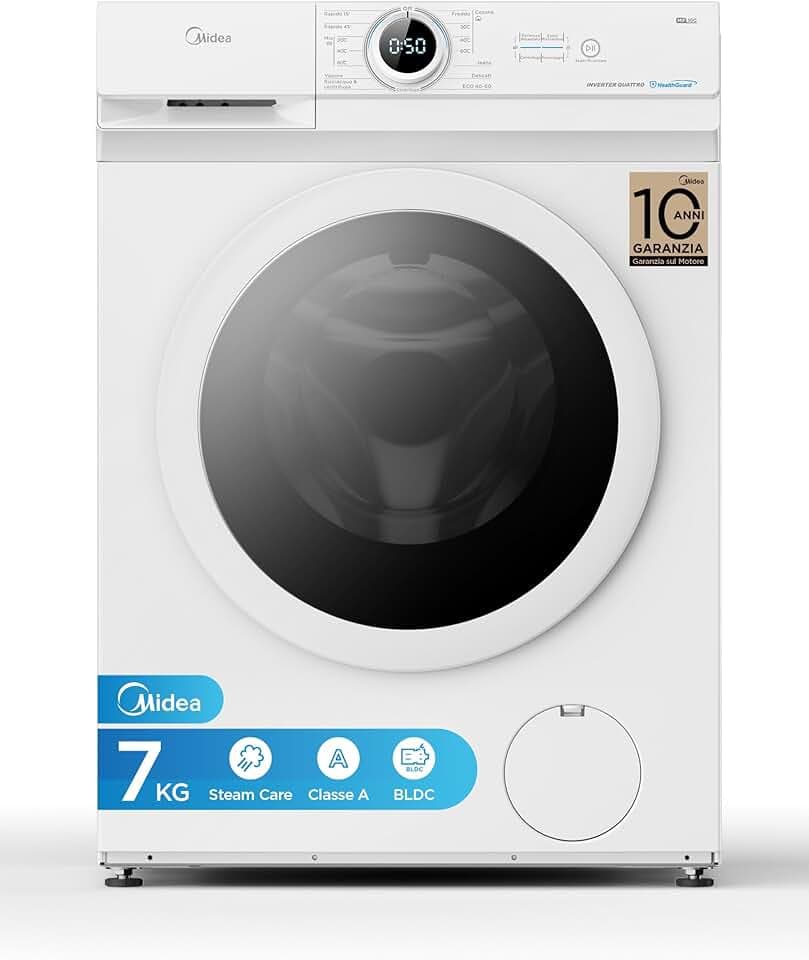 Midea MF10EW70B Lavatrice Slim Carica Frontale, 7 kg, 1400 Giri, Classe A, Vapore, Motore BLDC, Programma Rapido, Varie Temperature dell'Acqua, White Etichetta Energetica