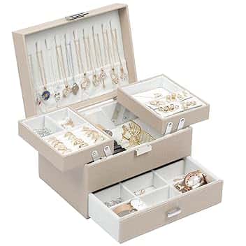 Dajasan Dajasan Portagioie Donna, Porta Gioie, 3 Livelli di Scatola Portagioie Grande con 1 Cassetto, Porta Gioielli in Pelle, Portagioie Adatto per Anelli, Collane, Orecchini (Champagne)