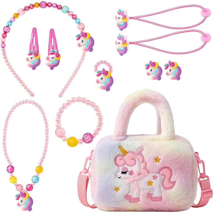 MUNSKT Regali con Unicorno per Ragazze, Set di Gioielli con Unicorno, Borsa a Tracolla, Braccialetti, Collane, Orecchini, Fermaglio per Capelli e Altro per Regali di Compleanno per Ragazze di Età 2-8