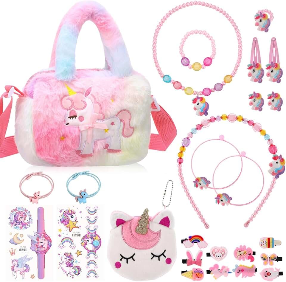 Halinuia Set di gioielli a forma di unicorno, 26 pezzi per bambine, gioielli per bambine, borse, collane, bracciali, anelli, orecchini, fermagli per capelli, regalo a forma di unicorno, per bambine di