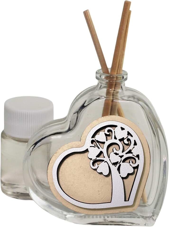 DLM Bomboniere DLM-A321 Bomboniere Profumatore linea cuore scatola Albero della Vita Cresima Comunione Battesimo 18 Compleanno Matrimonio diffusore cm 8x6,5 da 50 ml realizzato in vetro e legno