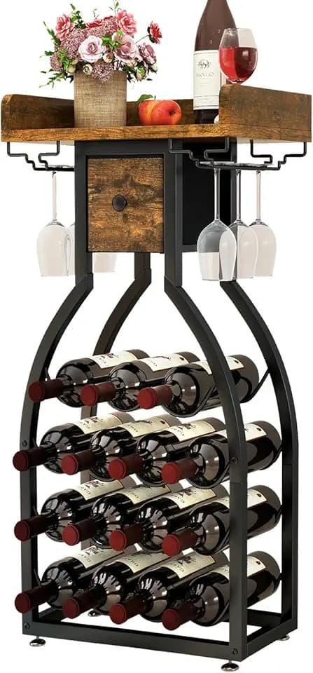 IBUYKE Portabottiglie da Terra per 15 bottiglie,Porta Vino con Porta Calici e Cassetti,Organizzatore da Bar per Bottiglie di Vino,Cantina Vino per Cucina, Sala da Pranzo,Bar,Marrone,TMJ908H