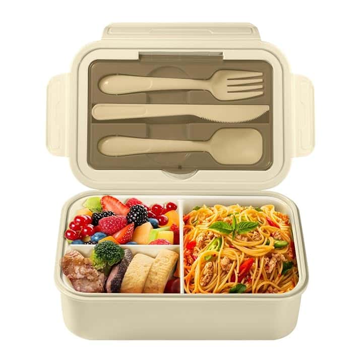 Diboniur Porta Pranzo, 1400ml Lunch Box con Posate, Schiscetta Pranzo Bambino Adulto Bento Box con 3 Scomparti, Schiscetta Contenitore Ermetico per Microonde Ufficio Lavoro Picnic (Khaki)