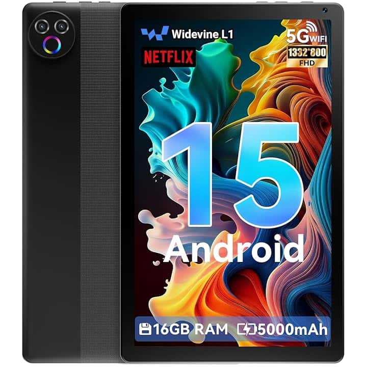 Tablet 10.1 pollici Android 15, 16GB RAM, 1332 * 800 HD丨5G WiFi丨BT5.4, Tab PC con Doppia Fotocamera, Android Tablet con Doppio Altoparlante, Batteria 5000mAh, GMS Widevine L1 (Nero)