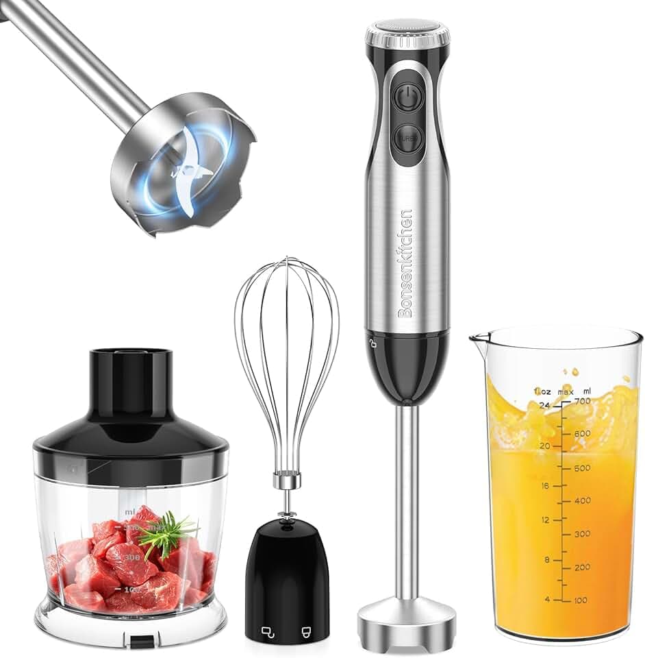 Bonsenkitchen Frullatore a Immersione Multifunzione 4 in 1, Minipimer in Acciaio Inox, 1000 W, 20 Velocità Regolabili, con Frusta, Tritatutto da 500 ml e Misurino da 700 ml, HB3203 ISCC PLUS
