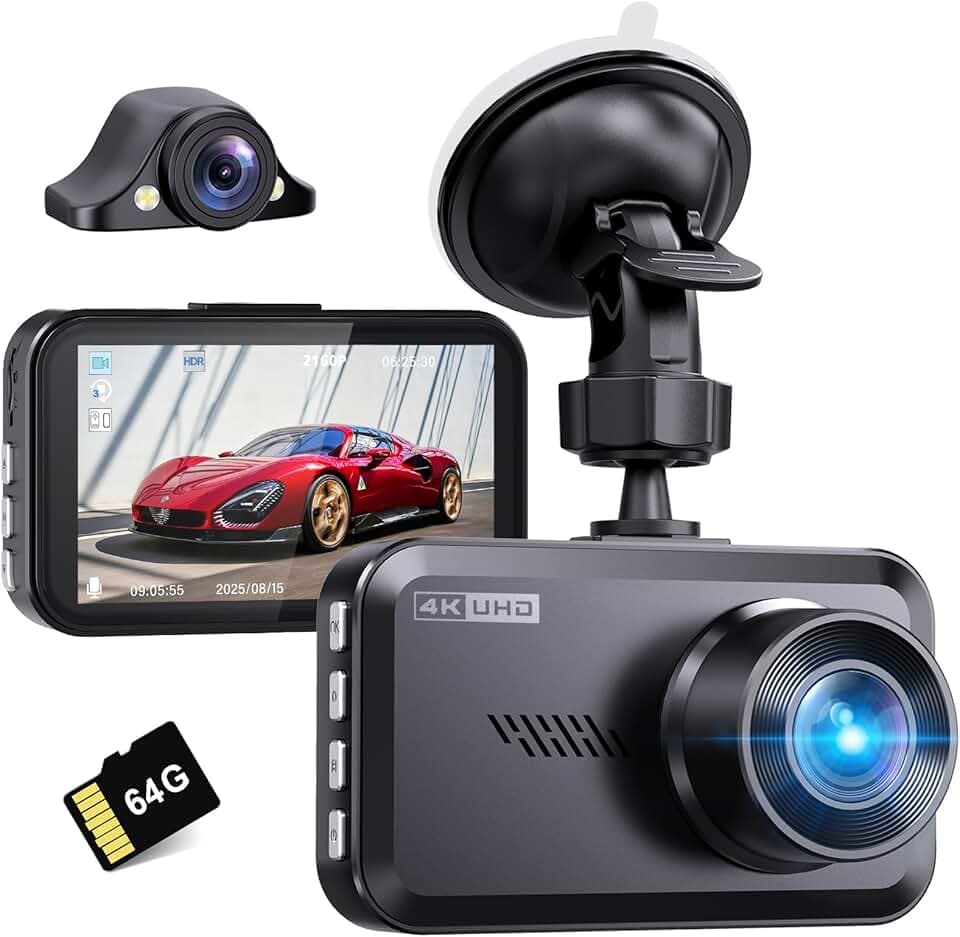 Miden 4K+2.5K Doppia Dashcam,Scheda SD 64G,2160P+1600P UHD Telecamera per Auto,Dash Cam Auto IPS 3.2" con Grandangolo di 336°,G-Sensor,Visione Notturna,WDR,Monitor di Parcheggio,Registrazione in Loop