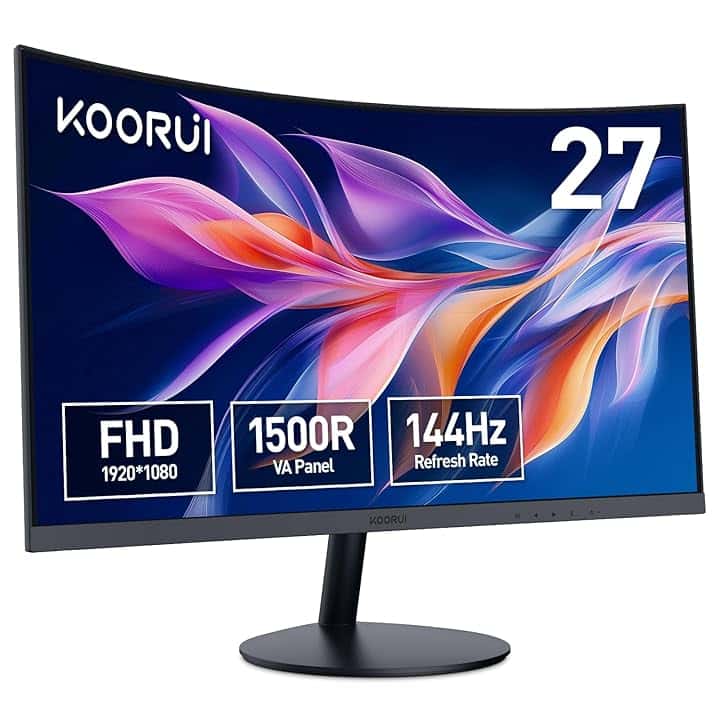 KOORUI Monitor 27 Pollici Curvo (1500R), Full HD (1920x1080), VA, 144 Hz, 5 ms, HDMI, VGA, Gaming Monitor, Eye Saver Mode, Flicker Safe, Nero, 27N5CA