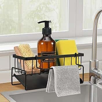 portaspugne per lavello cucina, organizer cucina, portaoggetti per lavello in acciaio inox con vaschetta di scarico automatica, portaoggetti per spugne, asciugamani, spazzole, nero