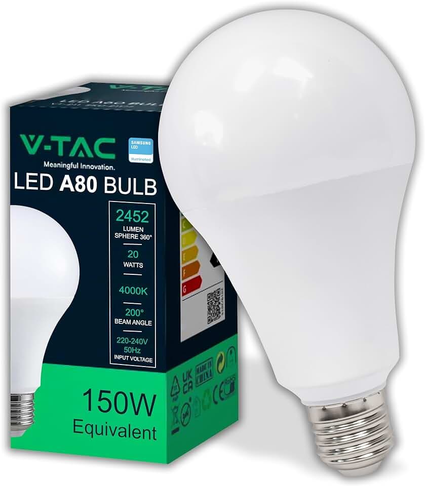 V-TAC Lampadina LED A80 con Attacco E27 20W (Equivalenti a 150W) - 2452 Lumen - Lampadine LED con Massima Efficienza e Risparmio Energetico - Luce Bianca Naturale 4000K